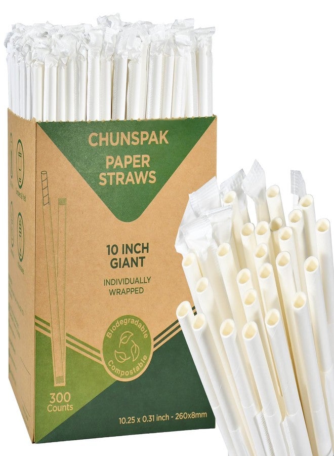 Chunspak 10.25" Disposable Paper Drinking Straws Individually Wrapped, 0.31" Dia. - 4 PLY Thick Heavy Duty Paper - White, 300 ct. (Restaurant Quality) - Image 1